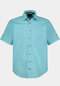 Camicia a maniche corte con bottoni in un motivo gingham blu chiaro e bianco, dotata di un colletto classico e una tasca sul petto.