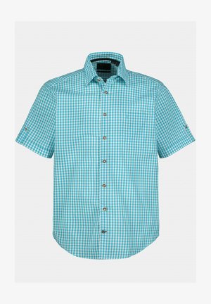 Kurzärmliges Hemd mit Knöpfen in hellblauem und weißem Karomuster, mit klassischem Kragen und einer Brusttasche.