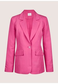 Roze linnen blazer met een enkele knoopsluiting, notch-revers en twee voorzakken. Glad textuur met een getailleerde pasvorm.