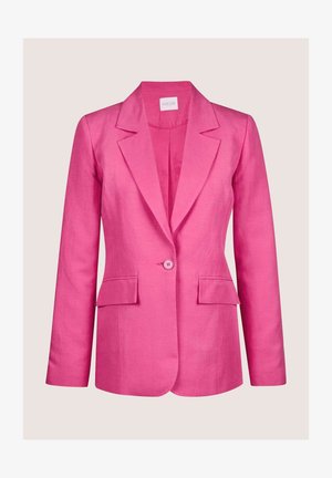 Pink linen blazer with a single button closure, notched lapels, and two front pockets. Smooth texture with a tailored fit.