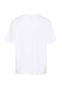 T-shirt en coton blanc avec une coupe décontractée, des manches courtes et un col rond. Le dos est uni, sans graphiques ni motifs.