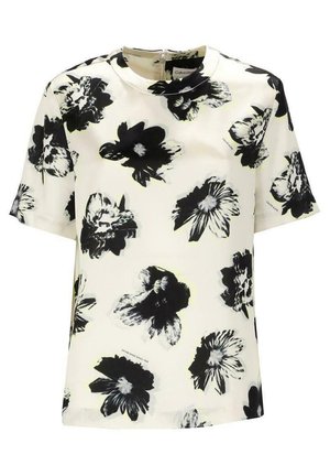 Kurze Ärmel weiße Bluse mit schwarz-grauem Blumenmuster, runder Ausschnitt und sichtbarem Reißverschluss auf der Rückseite.
