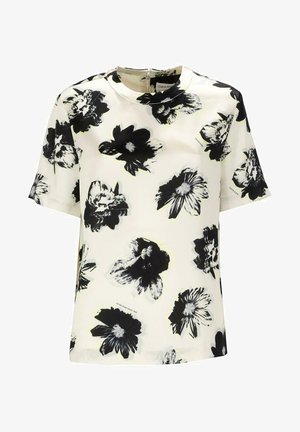 Kurze Ärmel weiße Bluse mit schwarz-grauem Blumenmuster, runder Ausschnitt und sichtbarem Reißverschluss auf der Rückseite.