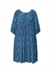 Sininen kukkakuvioinen mekko, joka on valmistettu kevyestä kankaasta. Mekossa on pyöreä pääntie, kolmannes hihoista ja kerätty vyötärö.