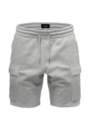Helle graue Shorts aus einem weichen Stoff mit elastischem Bund, Kordelzug, zwei seitlichen Taschen und sichtbaren Nähten.