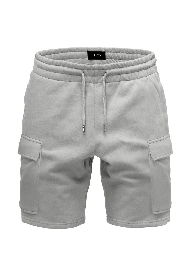 Helle graue Shorts aus einem weichen Stoff mit elastischem Bund, Kordelzug, zwei seitlichen Taschen und sichtbaren Nähten.