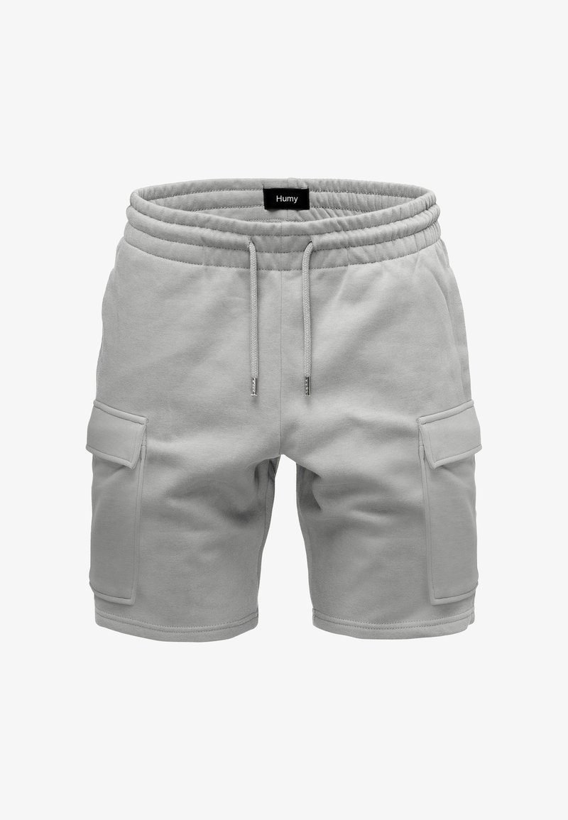 Helle graue Shorts aus einem weichen Stoff mit elastischem Bund, Kordelzug, zwei seitlichen Taschen und sichtbaren Nähten.