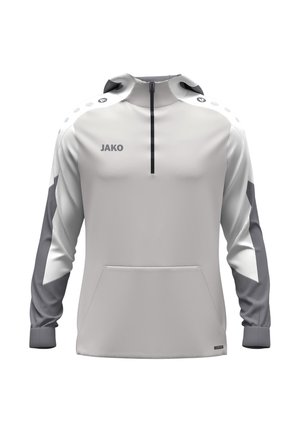 Lichtgrijze sporttrui met donkergrijze stukken op de mouwen, kwart rits voor, zijzak met kangoeroe en "JAKO" logo op de borst.