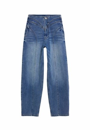 Hellblaue Jeans aus Denim mit weiter Passform, einem strukturierten Bund, einem oberen Knopfverschluss und markanten Nähten entlang der Nähte.