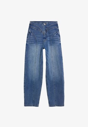 Lichtblauwe denim jeans met een losse pasvorm, voorzien van een gestructureerde tailleband, een bovenste knoopsluiting en opvallende stiksels langs de naden.