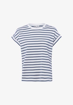 Biała koszulka z krótkim rękawem w granatowe poziome paski, z okrągłym dekoltem i podwiniętymi rękawami.