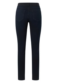 Tmavě modré džíny s úzkým střihem, elastickým pasem, dvěma zadními kapsami a jemnými švy. Hladká, pružná džínovina.