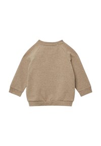 Beige Langarm-Sweatshirt für Kleinkinder mit gerippten Bündchen und Saum, von hinten vor einem weißen Hintergrund betrachtet.
