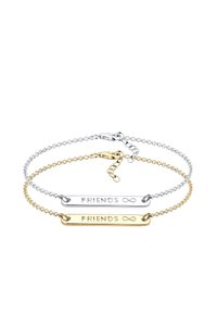 Zilveren en gouden dubbele schakelarmband met gegraveerd "VRIENDEN" en een oneindigheidssymbool; geometrische balkverbindingen, gepolijste afwerking.