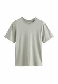 Lys grå bomulds T-shirt med korte ærmer og rund halsudskæring. Blød tekstur, ingen mønstre eller accenter synlige. Mærketikette indeni.