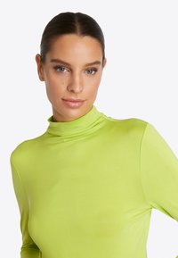 Grünes Langarmoberteil mit einem Stehkragen-Design. Der Stoff wirkt glatt und elastisch und zeigt eine leuchtende, einfarbige Farbe ohne Muster.