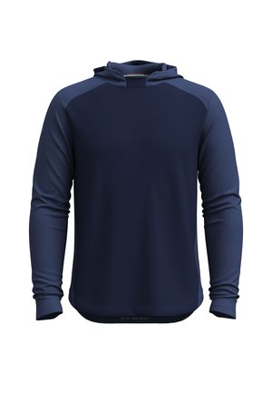 Sudadera deportiva azul marino de manga larga con tela texturizada en las mangas y la capucha, cuerpo liso y puños con orificio para el pulgar.