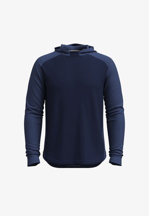 Marineblå atletisk hættetrøje med lange ærmer, tekstureret stof på ærmer og hætte, glat krop og tommelfingerhuller ved ærmekanterne.