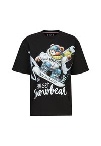 Schwarzes T-Shirt mit kurzen Ärmeln, das einen Cartoon-Bären beim Snowboarden zeigt, mit bunten Grafiken und dem Text "19V 69 Snowbear" in Weiß.