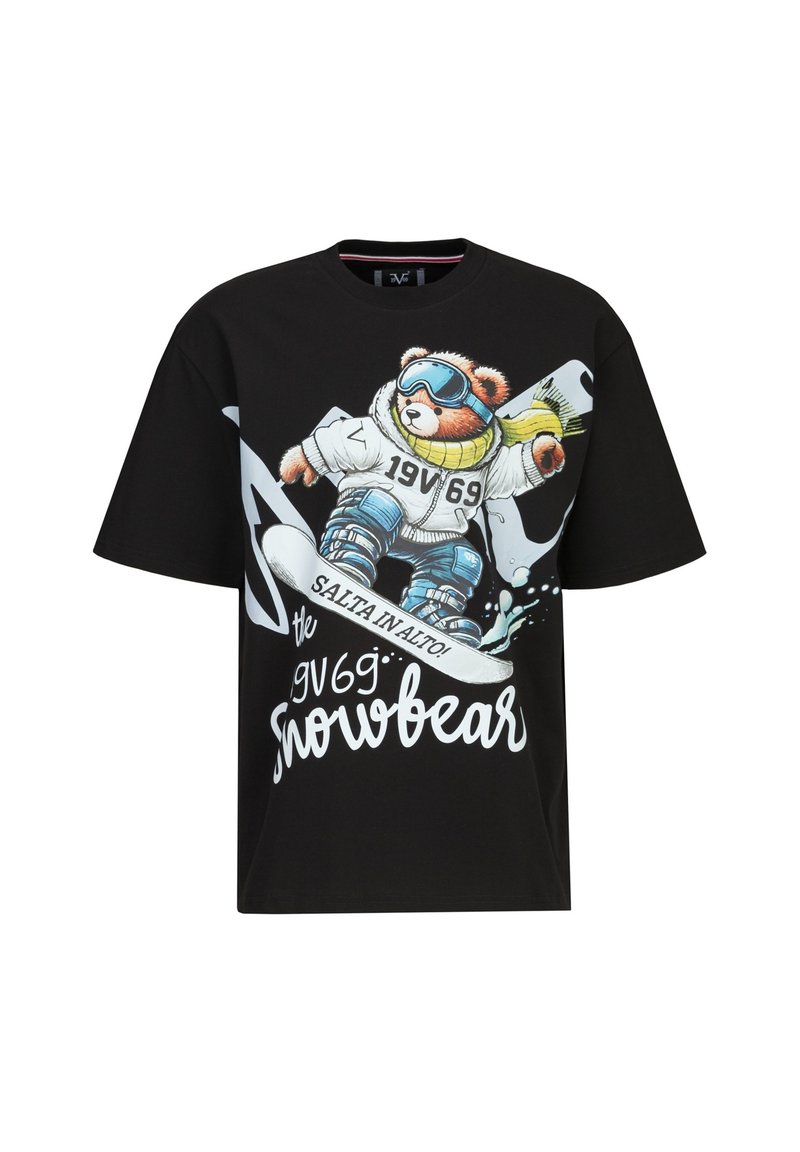 Schwarzes T-Shirt mit kurzen Ärmeln, das einen Cartoon-Bären beim Snowboarden zeigt, mit bunten Grafiken und dem Text "19V 69 Snowbear" in Weiß.