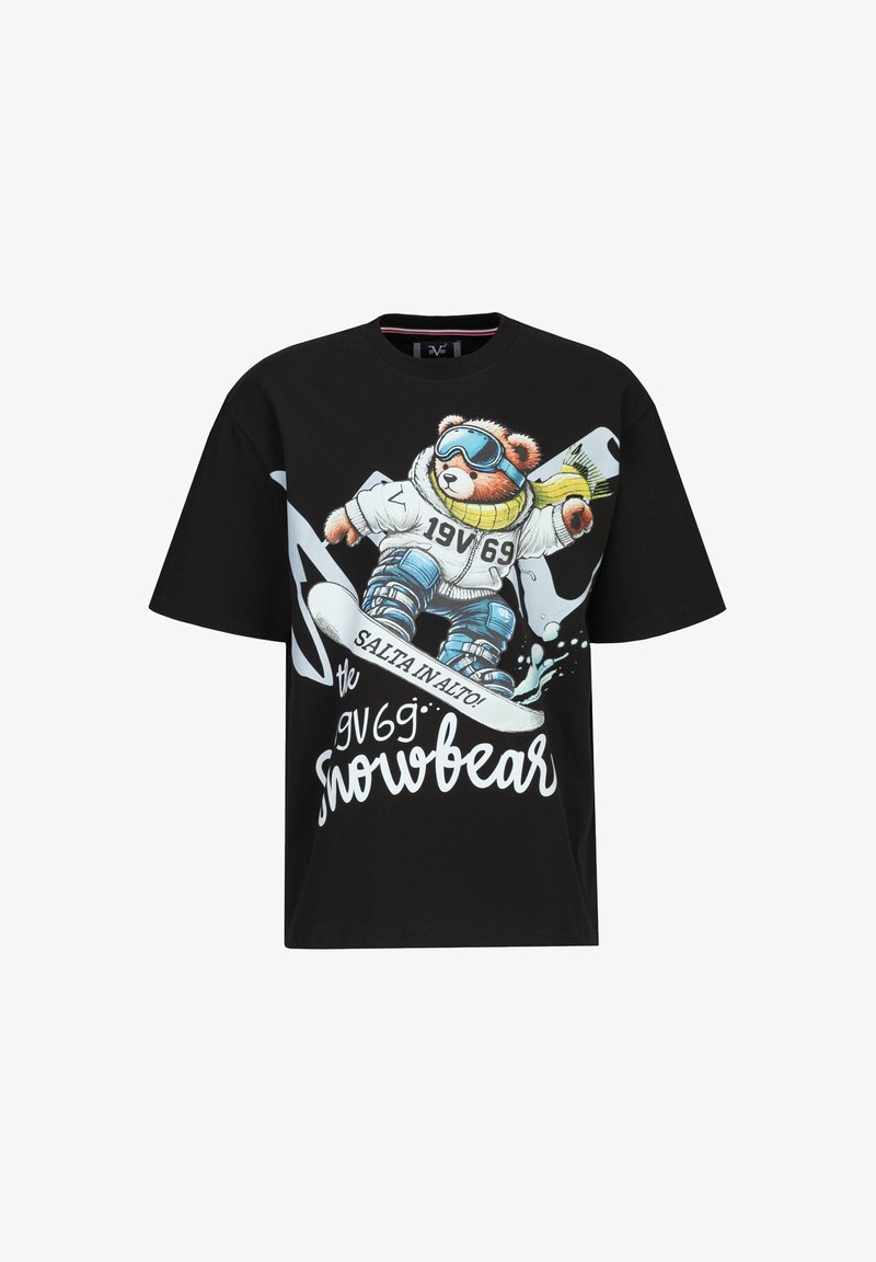 Schwarzes T-Shirt mit kurzen Ärmeln, das einen Cartoon-Bären beim Snowboarden zeigt, mit bunten Grafiken und dem Text "19V 69 Snowbear" in Weiß.