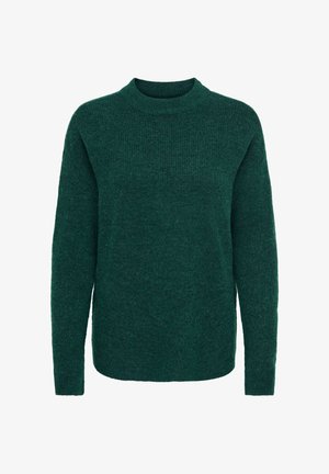 Green ribbed knit sweater with a high crew neckline and long sleeves. Soft texture, relaxed fit, and straight hem.