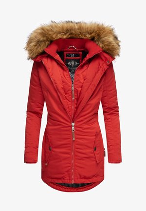 Rode parka jas met een nachtmerrie van nepbont, ritsluiting, twee daarvoor bestemde zakken en een getailleerd ontwerp met geribbelde textuur en accentstiksels.