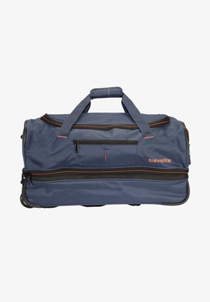 Sac de sport marine avec des accents noirs, des poignées supérieures, une poche zippée et un matériau durable. Présente un logo orange sur le côté.