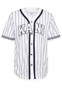 Maglia da baseball bianca con righe nere, dotata di collo nero, chiusura con bottoni e logo "KANI" in bold nero.