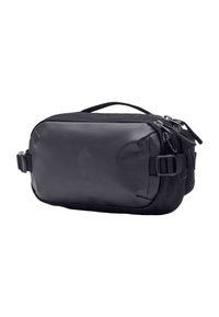 Borsa a tracolla nera in nylon con chiusure a zip, tracolla regolabile e dettaglio del logo. Presenta un esterno liscio e resistente all'acqua.
