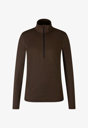 Brązowy długi rękaw sweter z wysokim kołnierzem. Posiada zamek błyskawiczny na ćwierć. Gładka faktura z delikatnym połyskiem. Czarny detal zamka.