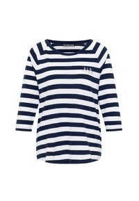 Marineblaue und weiße gestreifte Bluse mit dreiviertel Ärmeln, rundem Ausschnitt und kleinem Logo auf der Brust. Weiches Baumwollmaterial.