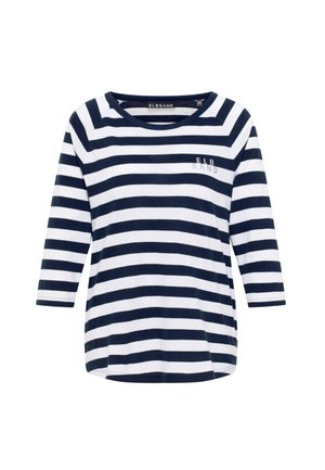 Navy and white striped shirt with three-quarter sleeves, round neckline, and a small logo on the chest. Soft cotton material.