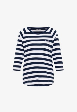 Navy and white striped shirt with three-quarter sleeves, round neckline, and a small logo on the chest. Soft cotton material.