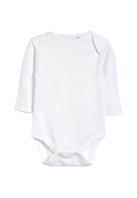 Bílý dlouhý rukáv bodysuit vyrobený z jemné látky, se širokým výstřihem a patentkami na spodní části. Jednoduchý, klasický design.
