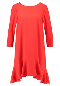 Vestido rojo con mangas largas, escote amplio y dobladillo acampanado. Hecho de una tela suave, con un volante texturizado en la parte inferior.