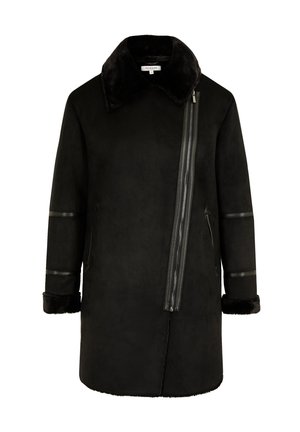 Zwarte faux suede jas met een grote kraag, asymmetrische ritsluitingen en pluizige texturen. Bevat zijzakken en leren accenten op de mouwen.