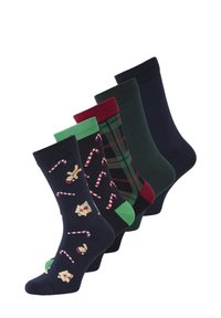 Juego de cinco pares de calcetines con varios diseños: navy con bastones de caramelo y pan de jengibre, de cuadros, verde sólido y en colores oscuros. Material de mezcla de algodón.