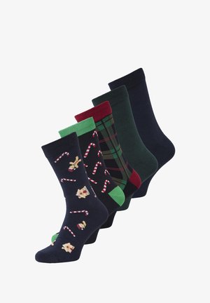 Juego de cinco pares de calcetines con varios diseños: navy con bastones de caramelo y pan de jengibre, de cuadros, verde sólido y en colores oscuros. Material de mezcla de algodón.