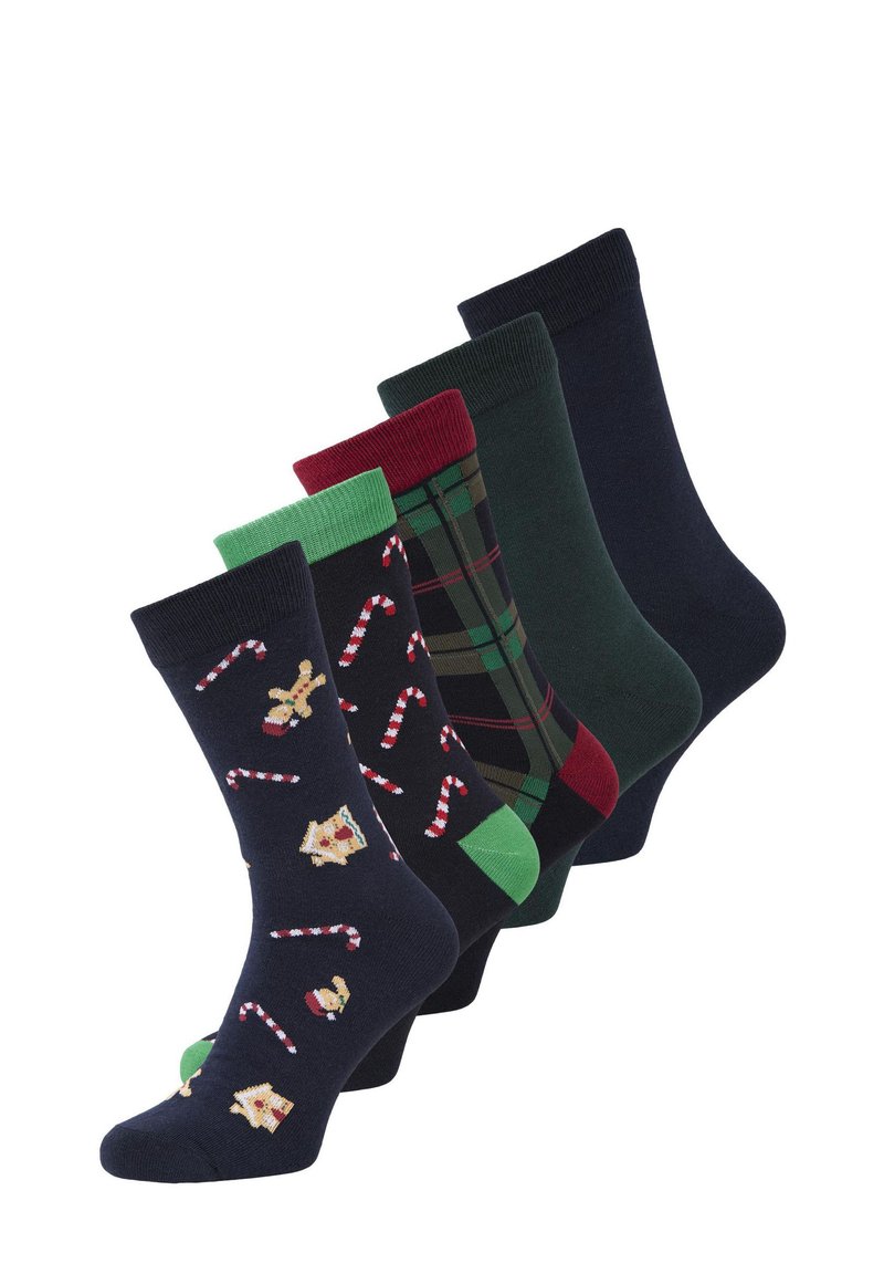 Juego de cinco pares de calcetines con varios diseños: navy con bastones de caramelo y pan de jengibre, de cuadros, verde sólido y en colores oscuros. Material de mezcla de algodón.