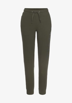 Olive green joggers made of soft fabric, featuring an elastic waist with drawstring, tapered legs, and a printed logo along the side.