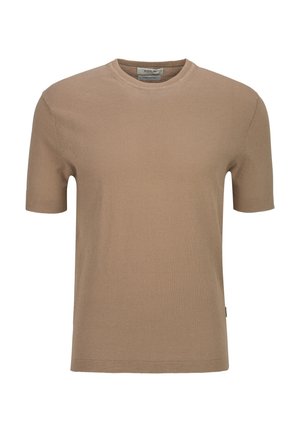 Beige kurzärmliges T-Shirt mit Rundhalsausschnitt aus glattem Baumwollstoff, einfaches Design ohne Muster oder Logos.