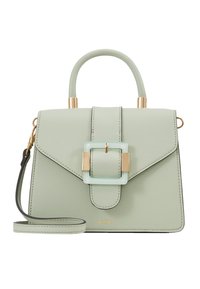 Tyrkysově zelená kabelka z imitace kůže se strukturovaným designem, obdélníkovým tvarem, zlatými kovovými doplňky a čtvercovou sponou vpředu.