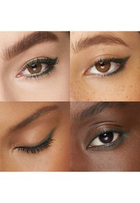 Vier Nahaufnahmen von Augen mit grünem Eyeliner. Zu sehen sind unterschiedliche Wimpernlängen und Hauttöne, die vielfältige Texturen und Stile hervorheben.