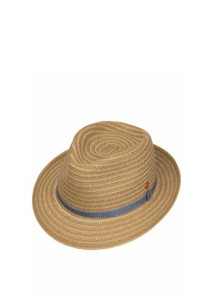 Light brown woven fedora hat with a blue fabric band and small round accent on the side, angled to show the full brim and crown.