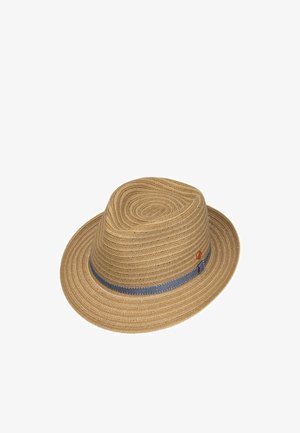 Light brown woven fedora hat with a blue fabric band and small round accent on the side, angled to show the full brim and crown.