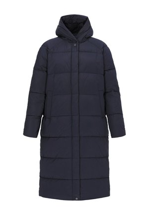 Tumesinine puffrihmak, millel on kapuuts, kviltitud disain, pikad varrukad ja kaks küljetaskut. Mantlil on üks nööp.