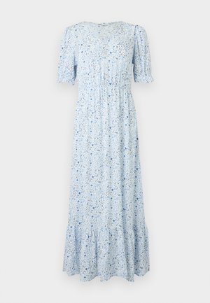 Svijetloplava midi haljina s kratkim nabranim rukavima, V-izrezom, skupljenim strukom, malim cvjetnim uzorkom i volanim rubom.