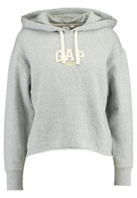 Sudadera gris corta hecha de una suave mezcla de algodón, con cordón blanco, logo bordado de "GAP" y puños acanalados.