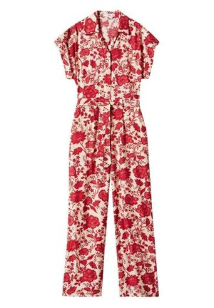 Cremefarbener Jumpsuit mit kurzen Ärmeln, rotem Blumenprint, Knopfleiste vorne, Kragen und passendem Stoffgürtel in der Taille.